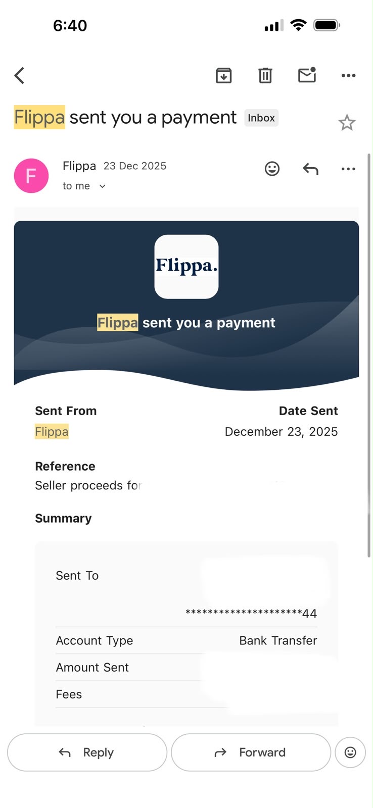 Flippa payment receipt for the sale of a previous online company